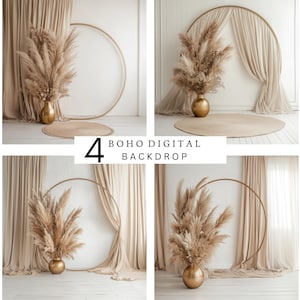 May include: Four digital backdrop images featuring a white background, a gold hoop, beige curtains, and a vase with dried pampas grass.