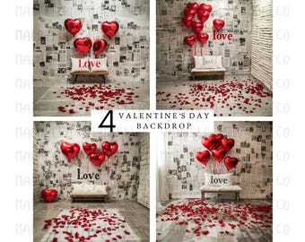 May include: Four Valentine's Day backdrop images featuring a brick wall with newspaper wallpaper, a white couch, red heart balloons, and red rose petals scattered on the floor. The text "Love" is displayed on a pillow on the couch.