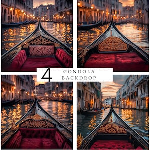 May include: Four gondola backdrop images. Each image shows a gondola with red velvet seats and gold accents. The gondolas are on a canal with buildings and lights in the background.