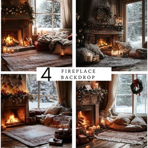 Puede incluir: Cuatro fondos de chimenea acogedores con temática invernal. Cada escena presenta una chimenea encendida, alfombras suaves, almohadas y velas. El texto "4 FIREPLACE BACKDROP" es visible en el centro de la imagen. Las ventanas muestran una escena exterior nevada.