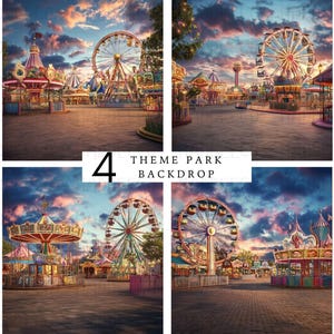 Può includere: Un'immagine composita con quattro sfondi di parchi a tema. Ogni scena mostra una ruota panoramica, una giostra e altre giostre di luna park sotto un cielo colorato al tramonto. Il testo "4 THEME PARK BACKDROP" è visualizzato.