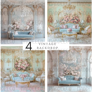 May include: Four vintage backdrop images featuring a light blue sofa with gold accents in a room with ornate gold trim and floral wallpaper. The wallpaper features pink and white flowers. Each image features a different floral design.