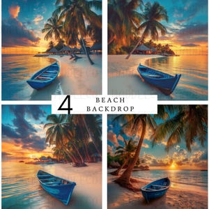 Beach Digital Backdrop, Sunset on Beach Digital Background, Summer Tropical  Vacation Photography Background, Beach Boat Background