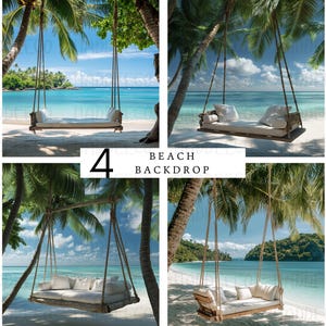 May include: Four digital backdrops featuring a white swing bed hanging between palm trees on a tropical beach. The swing bed has white cushions and a wooden frame. The beach is white sand with turquoise water and a blue sky with white clouds.