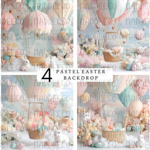 May include: Four pastel Easter backdrop images featuring hot air balloons, baskets, and bunny rabbits. The backdrops are perfect for newborn, baby, or child photography.