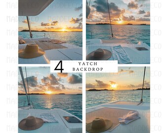 Fondo digital para yate, fondo romántico de yate al atardecer, escena elegante de atardecer, fondo para crucero al atardecer, fondo digital para fotografía oceánica