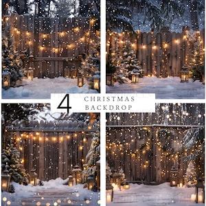 May include: Four Christmas backdrop images featuring a wooden fence adorned with string lights, lanterns, and small Christmas trees. Snow covers the ground, creating a winter scene. The text "CHRISTMAS BACKDROP" is visible.