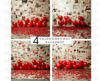May include: Four Valentine's Day backdrops featuring a brick wall covered in newspaper clippings and red heart-shaped balloons and red rose petals scattered on the floor.
