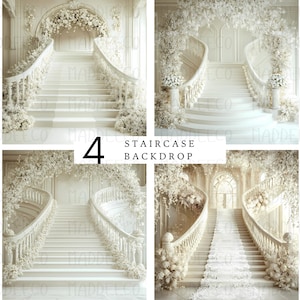 Staircase Digital Backdrop, White Grand Staircase with White Floral Decor Background, Luxury Wedding Staircase Backdrop, Romantic Overlay.