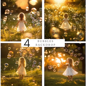 May include: Four digital backdrops featuring a young girl in a white dress standing in a field with a background of colorful soap bubbles.
