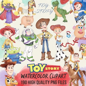 May include: A digital collection of Toy Story character illustrations featuring watercolor textures. Characters include Woody, Buzz Lightyear, Jessie, Rex, Slinky Dog, Hamm, Forky, and others. The text reads Toy Story Watercolor Clipart 190 High Quality PNG Files.