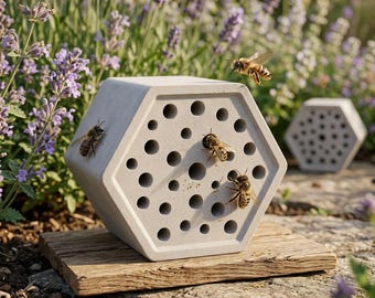 Weatherproof concrete bee hotel for wild bees and insects for the garden (nesting aid) Gift Hexagon
