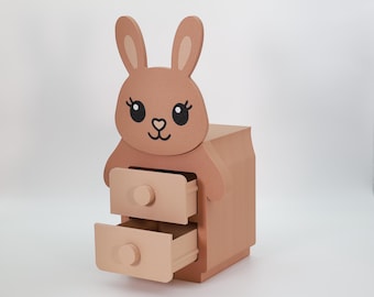 Cabinet with 2 drawers – Storage box for children's rooms, pencils & toys, small shelf for table | Children's decorative rabbit
