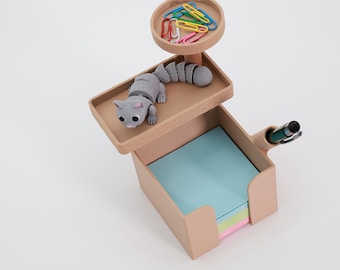 Notepad holder suitable for Post-it notes - in the shape of a cat tree with pen holder - Flexi Cat - office decoration for paper clips