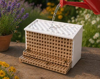 Bee stone with viewing windows and watering hole for bees in the garden | Wild bee hotel with watering hole for insects | Insect hotel