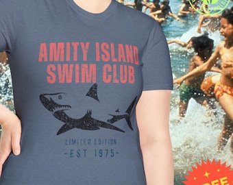 Amity Island Swim Club EST 1975 T-Shirt | Distressed Shark Silhouette | Vintage Jaws-Inspired Tee | Retro Movie Apparel | Universal Studios