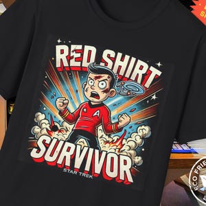 Red Shirt Survivor Funny Star Trek T-Shirt  Comic Style Sci-Fi Cartoon Tee | Nerdy Trek Gift | Bold Survivor Shirt | Unisex Black Tee