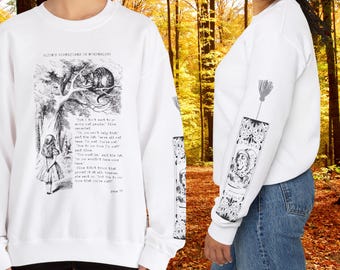 Whimsical Alice in Wonderland Sweatshirt: Cheshire Cat & Mad Hatter Bookmark Design | Book page Apparel  for Him Her | We are all mad here