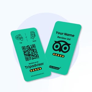 Pode incluir: Dois cartões verde-azulado com cantos arredondados. Um cartão tem um código QR e o texto "Review us on Tripadvisor" com cinco estrelas douradas. O outro cartão diz "Your Name Review Us!" com um logotipo de coruja preta e cinco estrelas douradas. Os cartões também têm o texto "Tap" e "Scan".