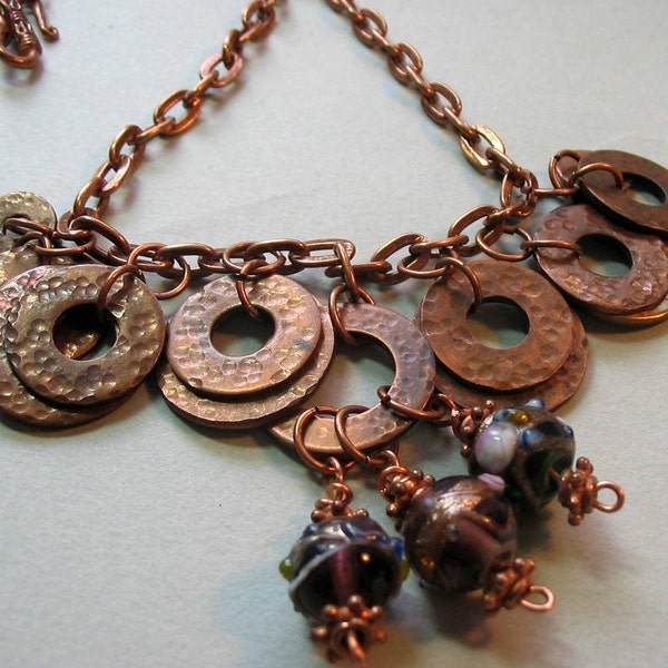 Textured Copper Washers and Lampwork Bead Necklace