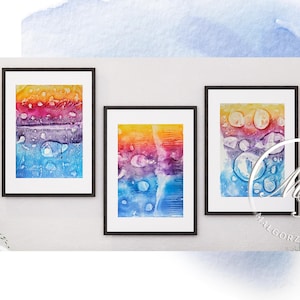 Triptyque à l&#39;encaustique arc-en-ciel, art abstrait de l&#39;océan, lot de 3 peintures A4, décoration murale colorée, cadeau Art moderne