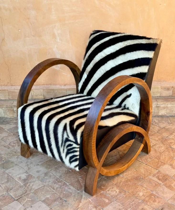 Zebra Lounge Chair with Printed Cowhide Upholstery and Polished Walnut Wood Frame – Unique Animal Print Accent Chair for Living Room