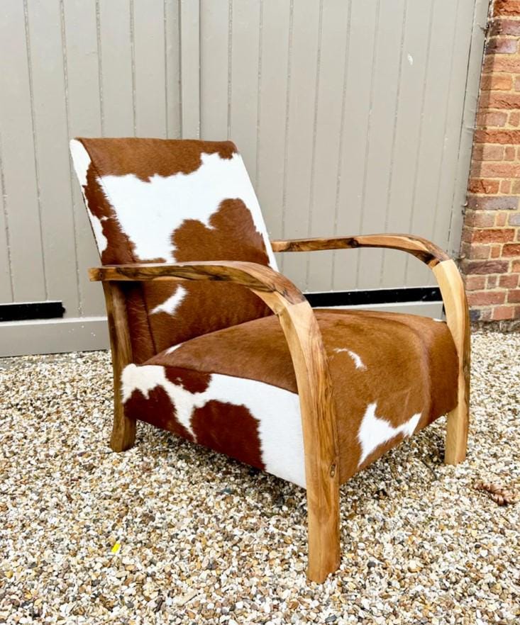 Mid Century Cowhide Lounge Chair – Brown & White Vintage Accent Chair – Handmade Solid Wood Armchair – Rustic Western Decor