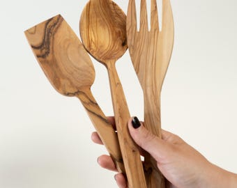 Juego de cocina rústico de madera de olivo, accesorios de cocina, cuchara, tenedor, espátula, regalo orgánico de madera, decoración de cocina, juego de madera de alta calidad