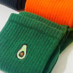 Avocado Embroidered Socks: Green Cotton Crew Socks, Set of 2