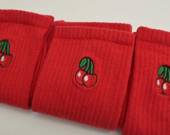 Calcetines de cereza bordados: Juego de 2 calcetines de mezcla de algodón