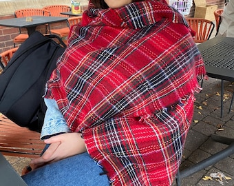 Chal navideño rojo a cuadros: chal festivo de acrílico suave