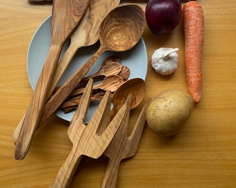 Juego rústico de madera de olivo para servir ensaladas, cuchara para té, accesorios de cocina, cuchara para servir aceitunas, tenedor, espátula, decoración de cocina de madera, juego de madera de alta calidad