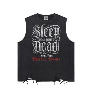 Sleep When Dead" Snow Wash Raw-Hem Graphic Tank Top