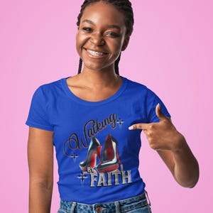 Walking by Faith Tee, Inspirational Unisex Short Sleeve Tees, Faithful Footsteps in Red Bottom Shoes, Louboutin Shoe Graphic Religious Tee