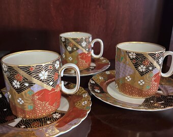 Rare Nakayama Porcelain Tea Cup Set - 3 Cups & Saucers, Black