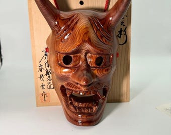 Authentic Japanese Hannya Oni Mask Set - Red & Blue Terracotta