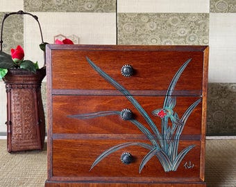 Traditional Japanese Sanuki Lacquerware Mini Chest – Hand-Carved 3-Drawer Tansu, Antique Wood Cabinet, Wabi-Sabi Craftsmanship