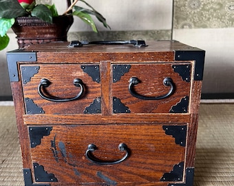Vintage Japanese Wooden Mini Tansu Chest – 3-Drawer Carry Handle Box, Wabi-Sabi Style Storage Cabinet, Traditional Kominka Decor,