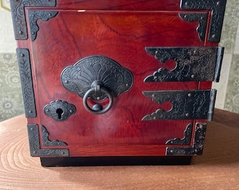 Antique Traditional Sendai Tansu Mini Chest, Handcrafted Japanese Wooden Drawer with Iron Hardware, Urushi Lacquer Finish