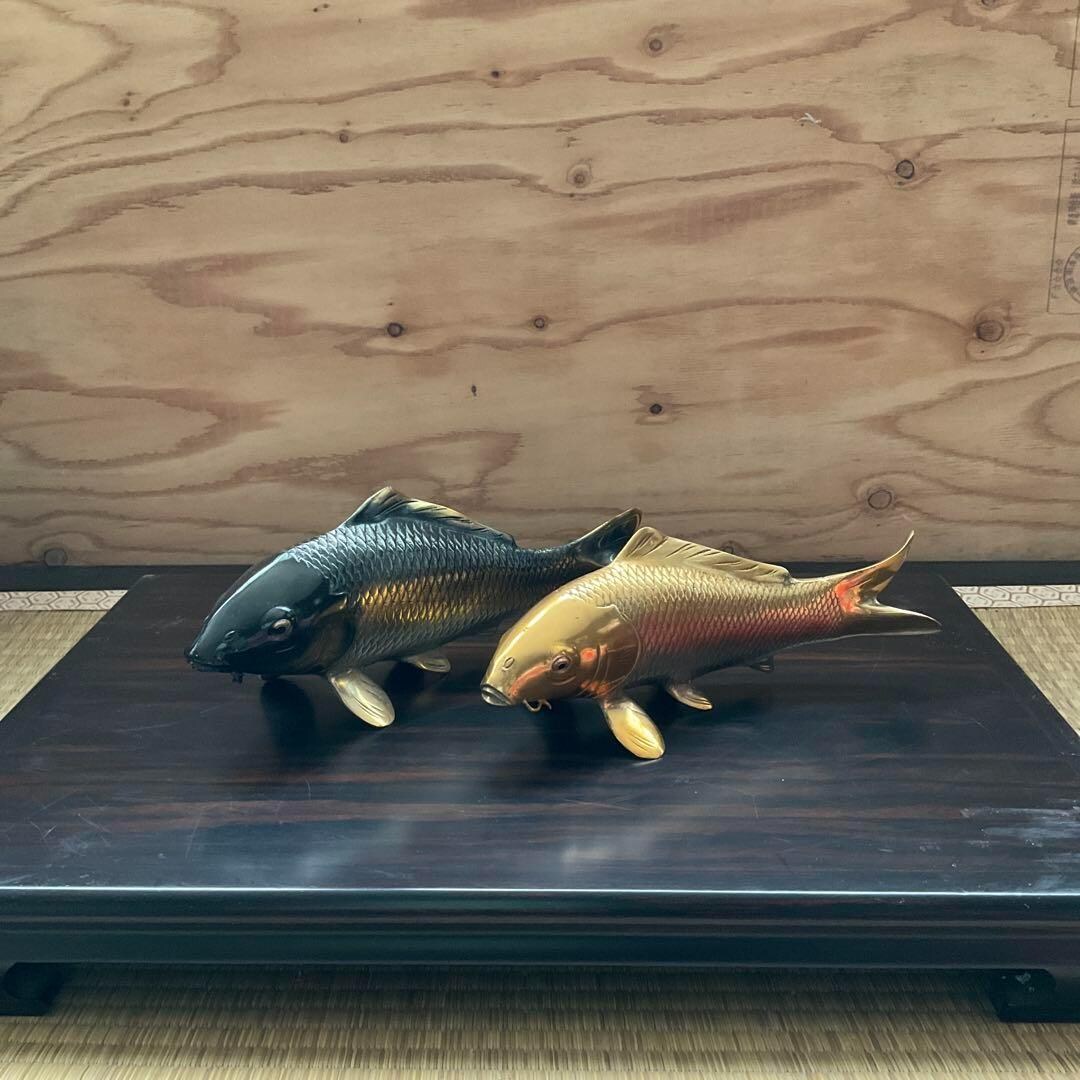 Vintage Japanese Twin Koi Sculpture Set With Base, Metal Carp
