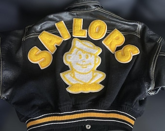 Rare 1980s SAILORS Kids Varsity Jacket, Black & Yellow, Same Model Worn by Michael Jackson in Japan, Harajuku Vintage Collector Piece
