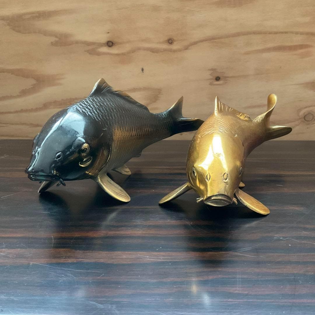 古い 鯉の置物 双魚 錦鯉(ZE457) Vintage Japanese Twin Koi Sculpture Set With Base, Metal Carp