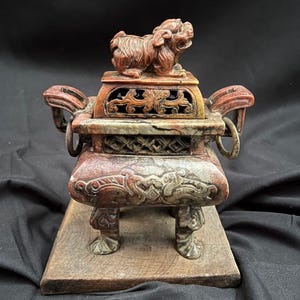 Jade Lion Incense Burner with Stand, Vintage Stone Guardian Sculpture, Asian Art Ornament, Heavy Carved Shishi Statue