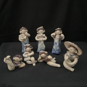 Set of 7 Tobe Ware Figurines by Seiho Morimoto | Handmade Japanese Ceramic Folk Art | Seihogama Dolls with Original Box