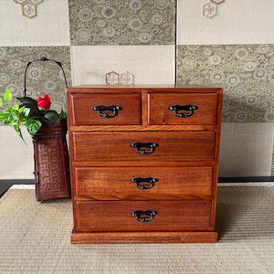Vintage Japanese 5-Drawer Mini Tansu Chest - Showa Era Wooden Cabinet, Retro Japanese Organizer, Traditional Small Furniture