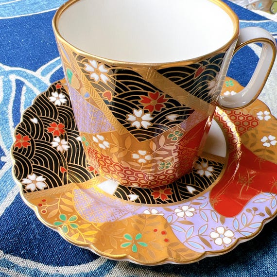 Rare Nakayama Porcelain Tea Cup Set - 3 Cups & Saucers, Black