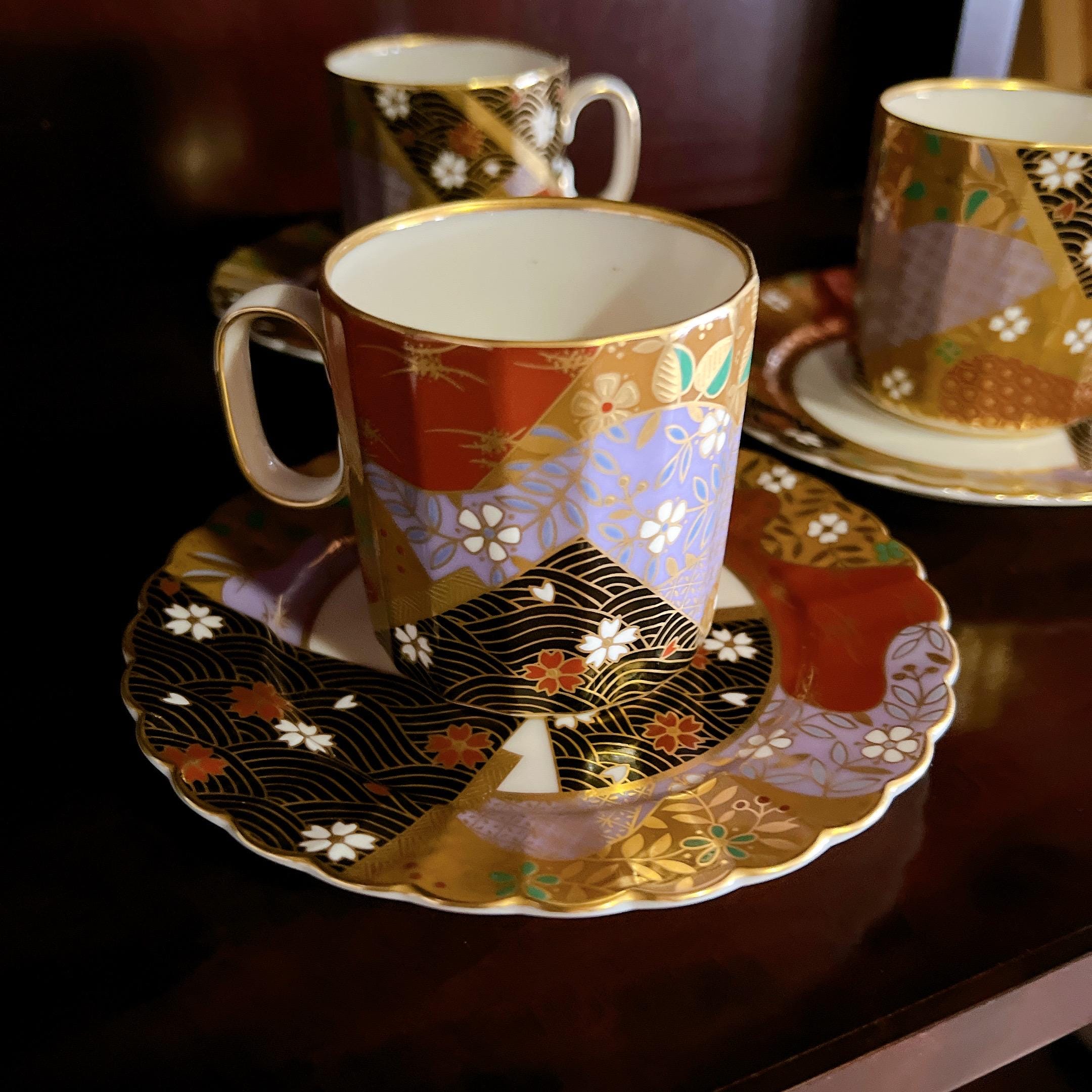 Rare Nakayama Porcelain Tea Cup Set - 3 Cups & Saucers, Black