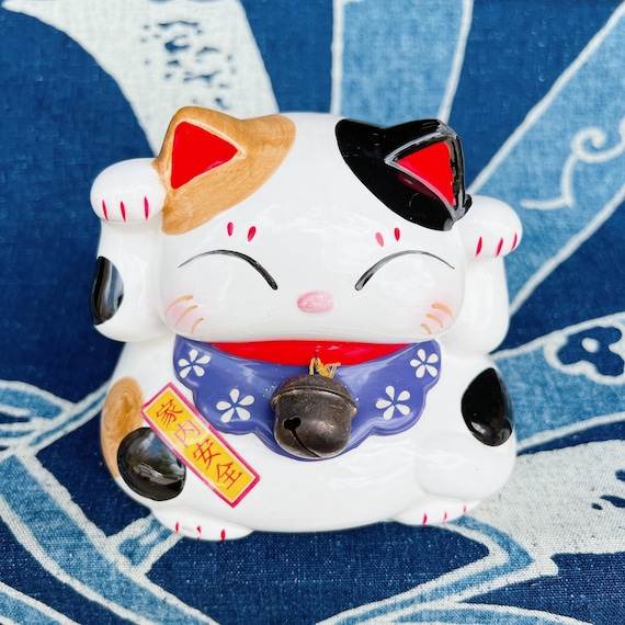 Vintage Japanese Maneki Neko Coin Bank – Lucky Cat Figurine – Both