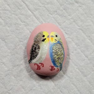 Peut inclure: Un rocher peint en rose avec deux perruches peintes à la main se faisant face. Les perruches sont gris clair et blanc avec des accents jaunes et une perruche bleue avec des accents jaunes.