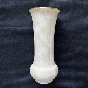 Ivory White Vase, Vintage Pottery Decorative Studio Art Iridescent Pearl Glaze, Gold Scalloped Rim, 9-1/4&quot;